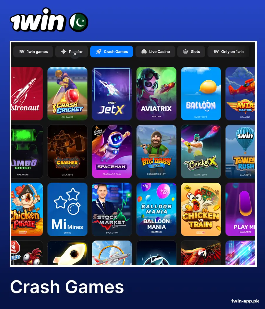 The Crash Games category on the 1win website