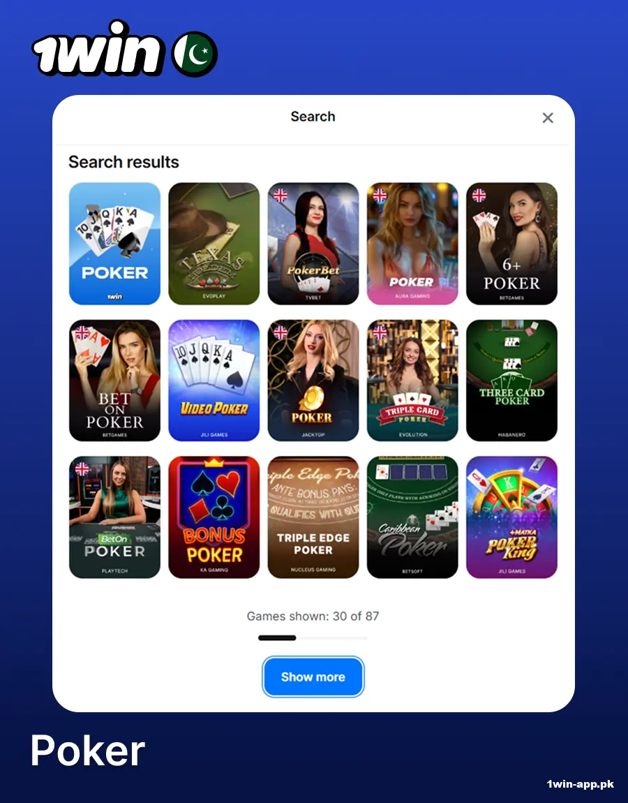 Poker games on the 1win website